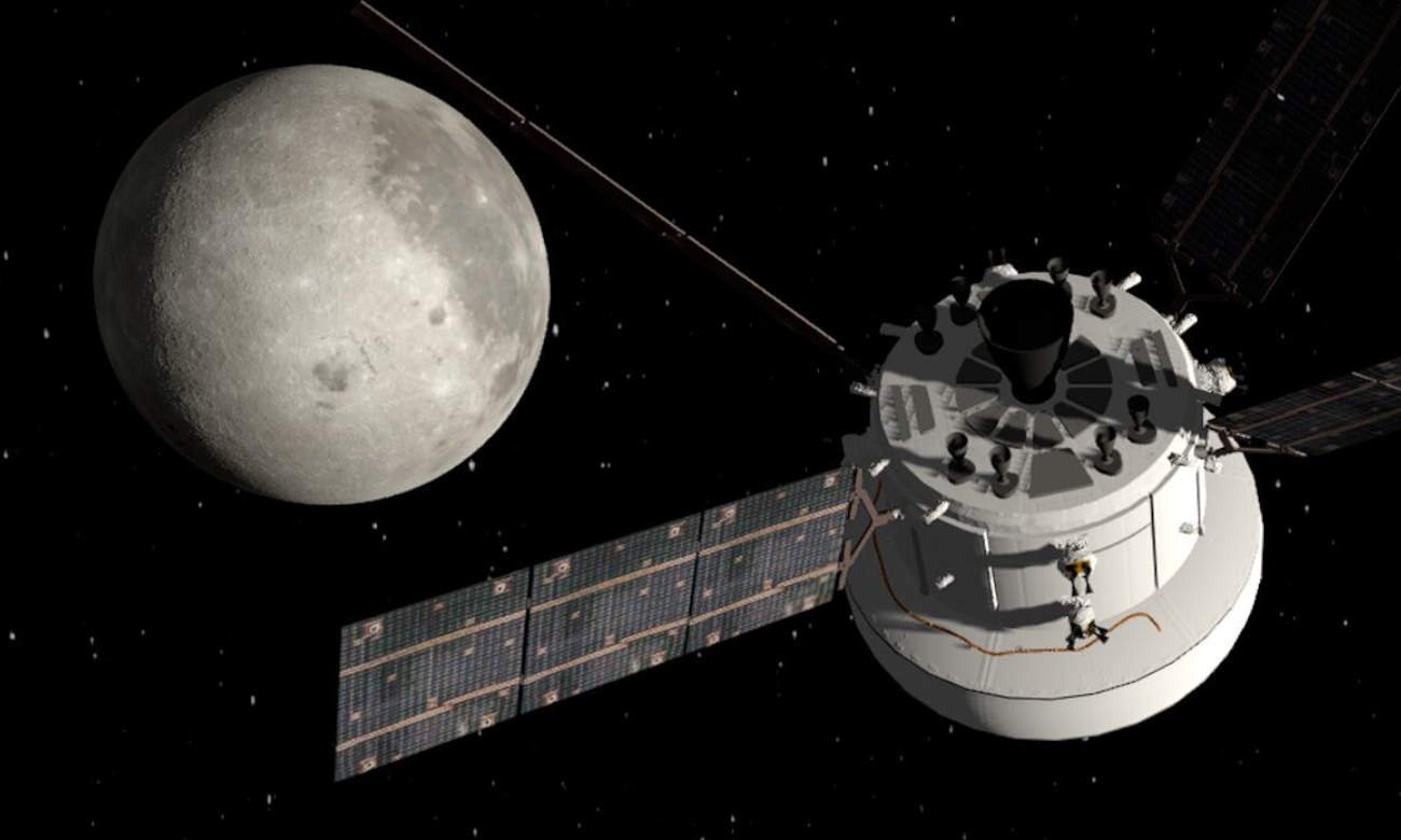 Astronautas observan la superficie de la Luna desde la cápsula Orión durante una misión del programa Artemis.