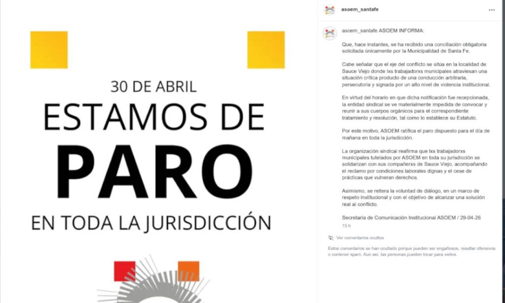 Comunicado oficial de ASOEM donde el gremio ratificó el paro en todas las dependencias del departamento La Capital en medio del conflicto con la Municipalidad de Sauce Viejo.