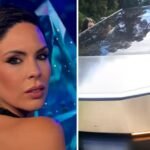 Barby Franco junto a su Tesla Cybertruck, el vehículo involucrado en un accidente vial en la Ruta 3.