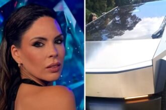 Barby Franco junto a su Tesla Cybertruck, el vehículo involucrado en un accidente vial en la Ruta 3.