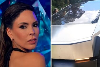 Barby Franco junto a su Tesla Cybertruck, el vehículo involucrado en un accidente vial en la Ruta 3.