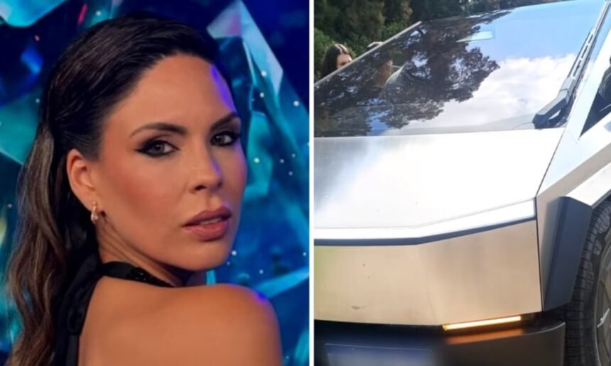 Barby Franco junto a su Tesla Cybertruck, el vehículo involucrado en un accidente vial en la Ruta 3.