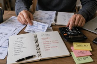 Persona revisando cuentas y organizando pagos financieros en su hogar. Imagen ilustrativa.