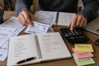 Persona revisando cuentas y organizando pagos financieros en su hogar. Imagen ilustrativa.