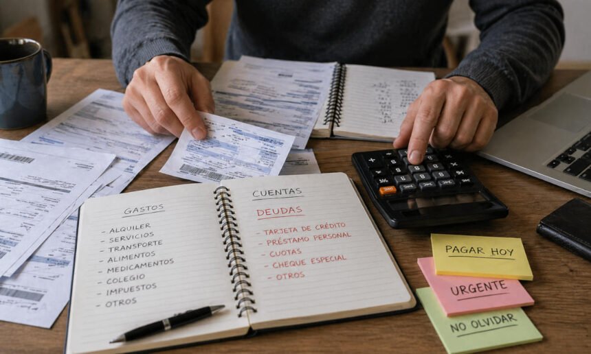 Persona revisando cuentas y organizando pagos financieros en su hogar. Imagen ilustrativa.