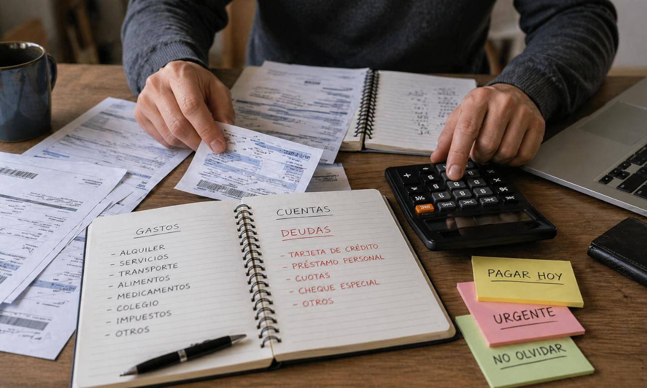 Persona revisando cuentas y organizando pagos financieros en su hogar. Imagen ilustrativa.