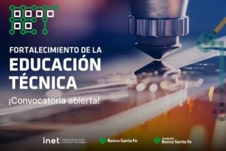 Flyer informativo del Banco Santa Fe que promociona la convocatoria para financiar proyectos de educación técnica y desarrollo productivo.