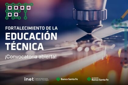 Flyer informativo del Banco Santa Fe que promociona la convocatoria para financiar proyectos de educación técnica y desarrollo productivo.