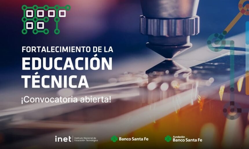 Flyer informativo del Banco Santa Fe que promociona la convocatoria para financiar proyectos de educación técnica y desarrollo productivo.