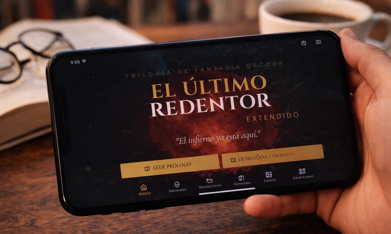 Interfaz de la app oficial de “El Último Redentor”, que amplía el universo narrativo creado por Gerardo R. Meneghetti.