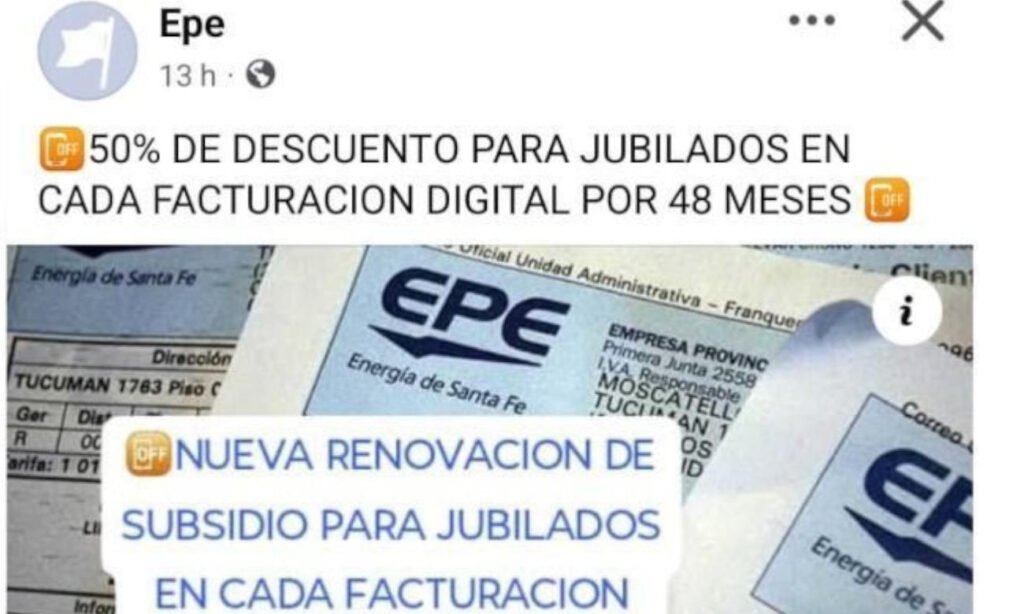 Imagen ilustrativa de una publicación falsa que circuló en redes sociales, utilizada por estafadores para ofrecer supuestos descuentos y obtener datos personales de usuarios.