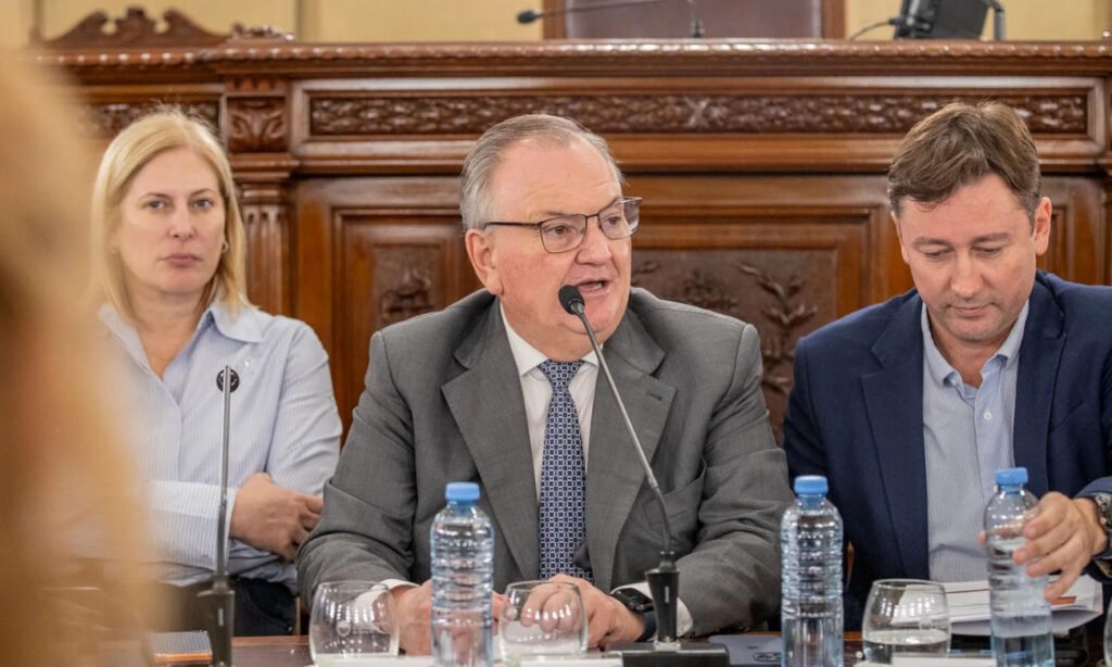 Felipe Michlig encabezando la audiencia pública en el Senado de Santa Fe durante el debate por el estado de la Ruta Nacional 34.