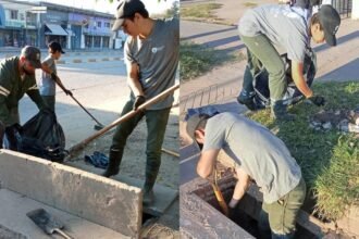 Trabajos de limpieza y desobstrucción en bocas de tormenta para mejorar el drenaje urbano en la ciudad.