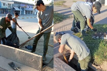 Trabajos de limpieza y desobstrucción en bocas de tormenta para mejorar el drenaje urbano en la ciudad.