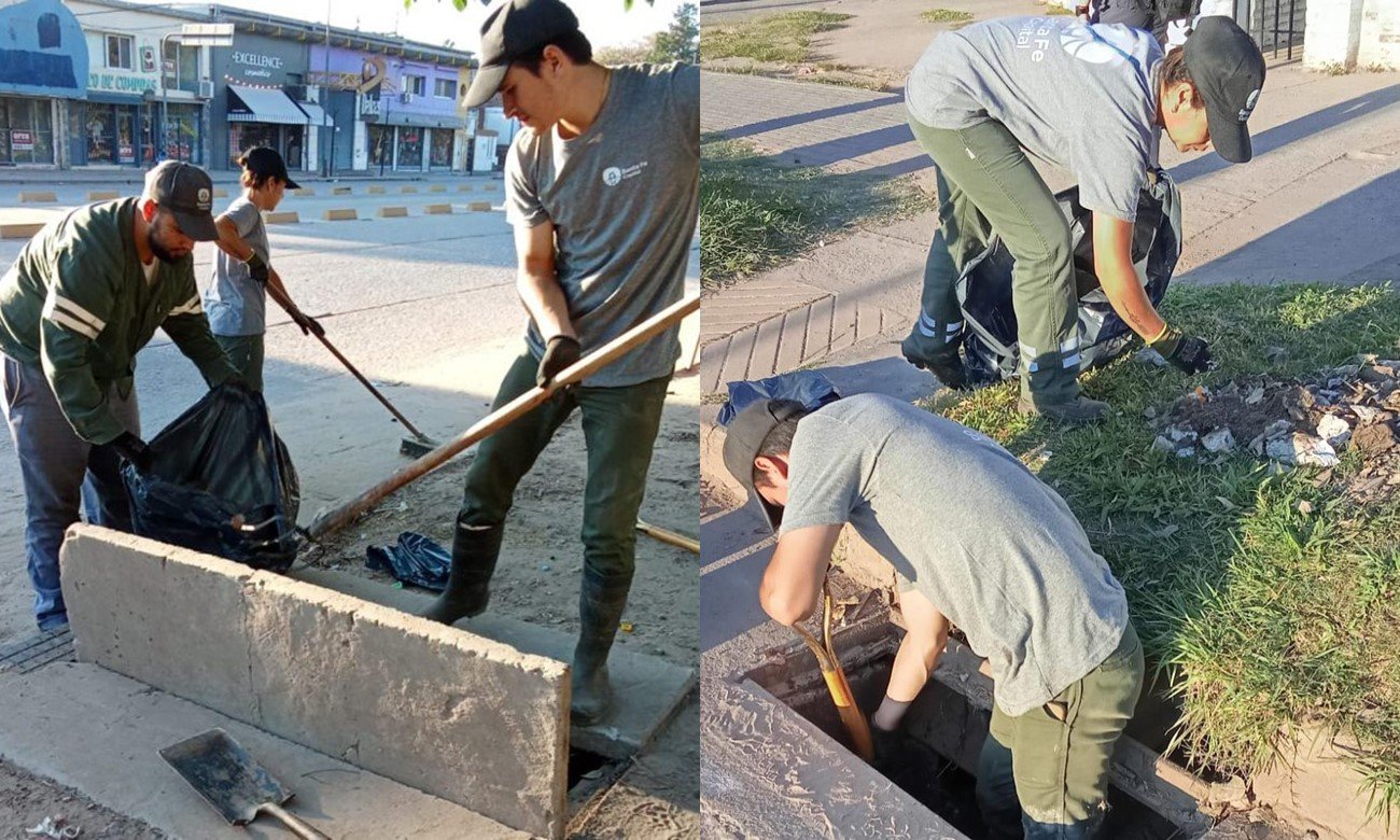 Trabajos de limpieza y desobstrucción en bocas de tormenta para mejorar el drenaje urbano en la ciudad.