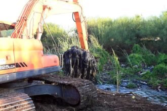 Trabajos de limpieza y mantenimiento en canales hídricos para mejorar el escurrimiento del agua en zonas urbanas.