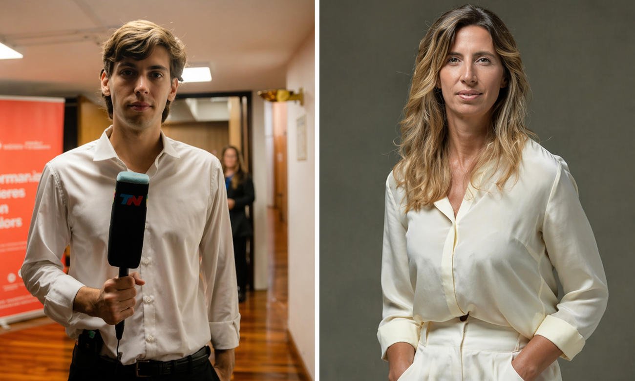 Ignacio Salerno y Luciana Geuna, periodistas de TN, en imágenes de archivo. Ambos fueron denunciados por el Gobierno nacional tras la difusión de un informe grabado en la Casa Rosada.