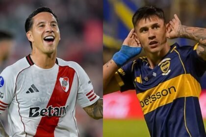Superclásico del fútbol argentino entre River Plate y Boca Juniors disputado en el estadio Monumental, con jugadores en acción durante un partido intenso.