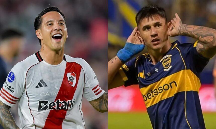 Superclásico del fútbol argentino entre River Plate y Boca Juniors disputado en el estadio Monumental, con jugadores en acción durante un partido intenso.