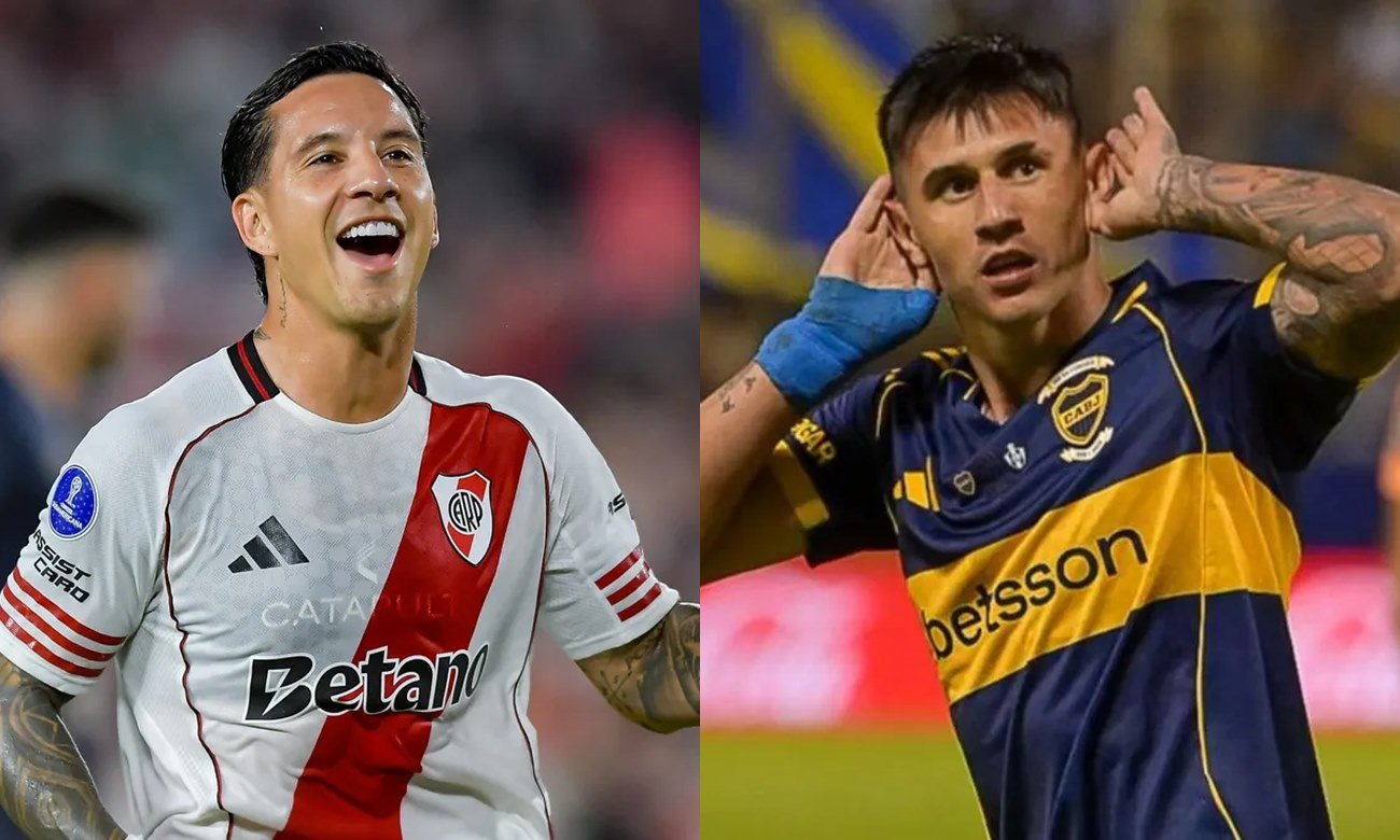 Superclásico del fútbol argentino entre River Plate y Boca Juniors disputado en el estadio Monumental, con jugadores en acción durante un partido intenso.