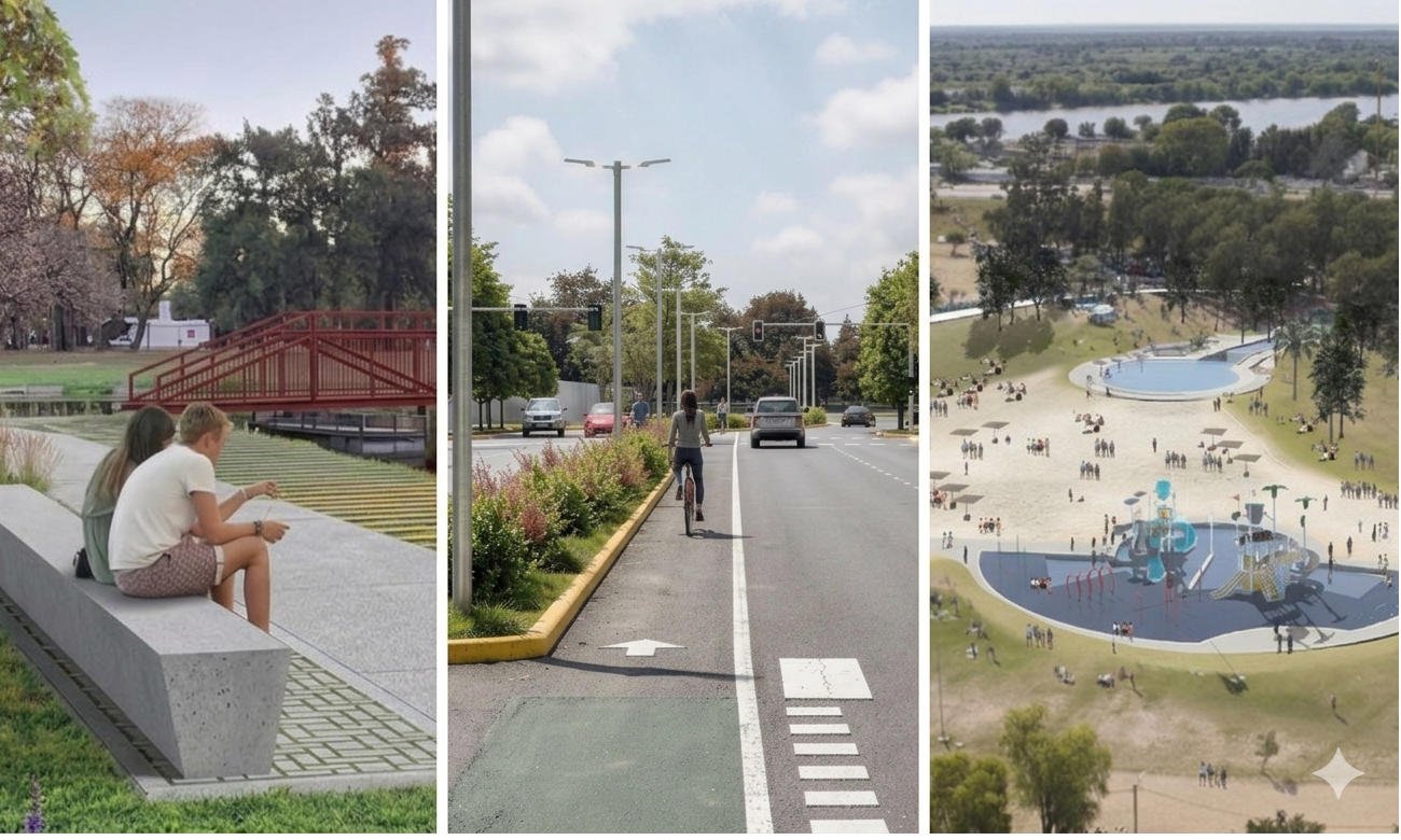 Material ilustrativo de los proyectos de infraestructura urbana que incluyen la transformación del Parque Garay, el Parque del Sur y el Acceso Oeste en la capital provincial.