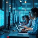 Profesionales trabajan con tecnología en entornos digitales, reflejando la creciente integración de herramientas innovadoras en la vida laboral cotidiana.