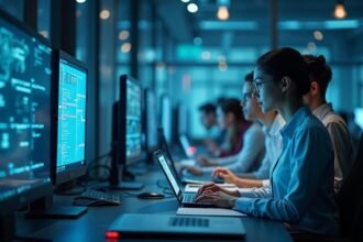 Profesionales trabajan con tecnología en entornos digitales, reflejando la creciente integración de herramientas innovadoras en la vida laboral cotidiana.