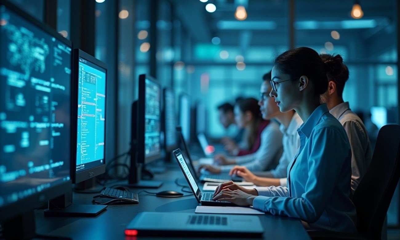 Profesionales trabajan con tecnología en entornos digitales, reflejando la creciente integración de herramientas innovadoras en la vida laboral cotidiana.