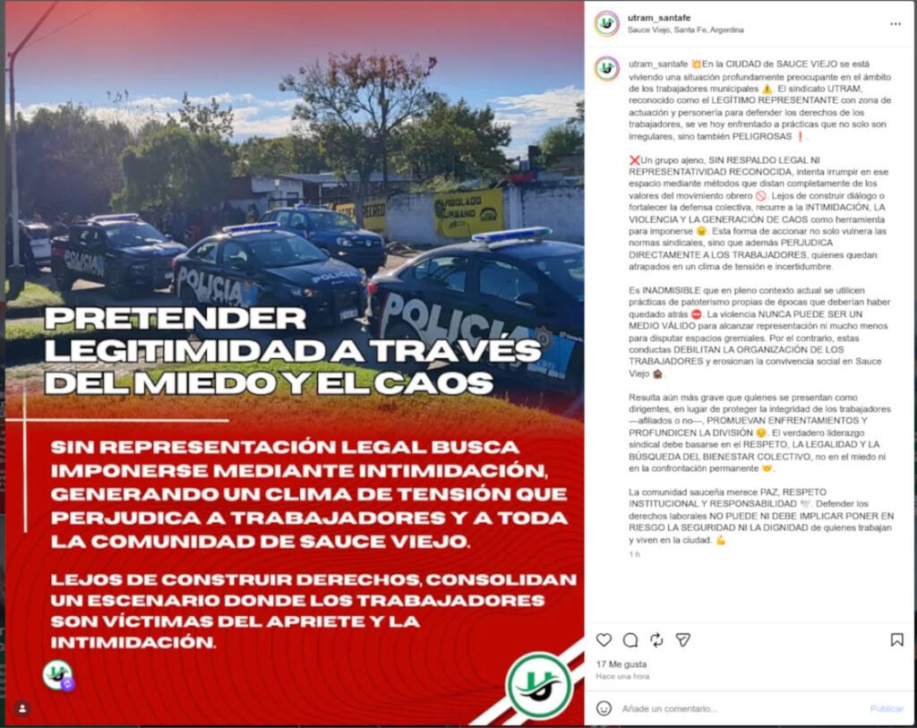 Comunicado difundido por UTRAM en el marco del conflicto gremial en Sauce Viejo.