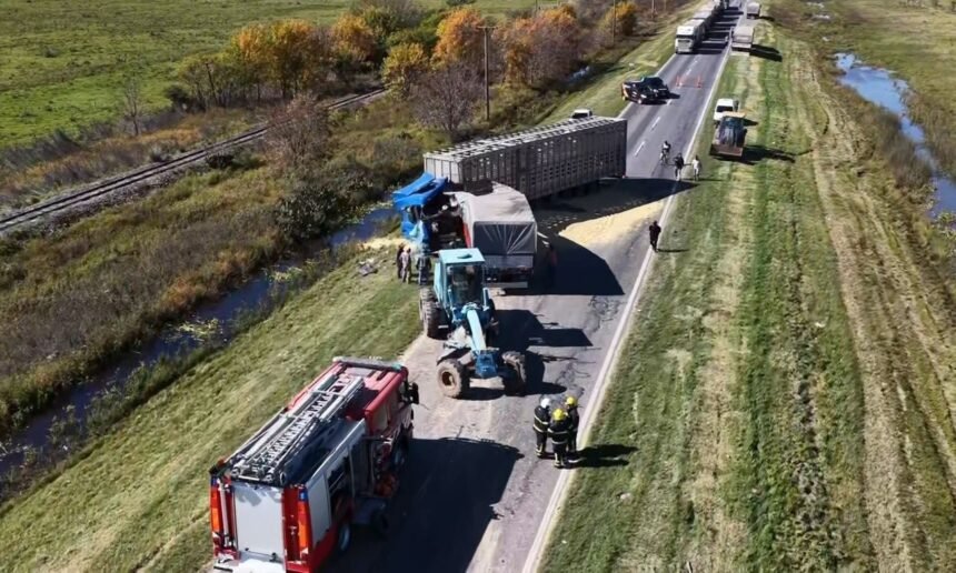 Operativo de emergencia tras un siniestro vial con vehículos de gran porte en una ruta nacional.