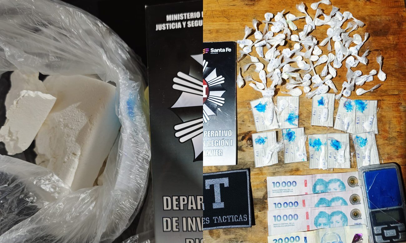 Cocaína, dinero en efectivo, balanzas de precisión y teléfonos celulares fueron secuestrados durante los allanamientos realizados en San Javier.