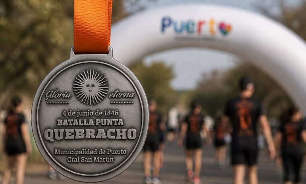 La medalla oficial de la 13ª Maratón Batalla Punta Quebracho homenajea los 180 años de la histórica batalla y acompañará a los corredores en la edición 2026.