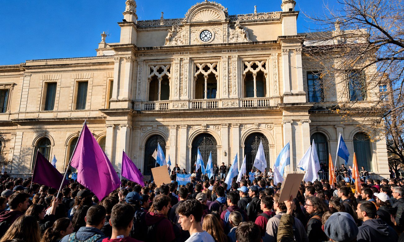 Manifestantes recorren las calles de Santa Fe durante una movilización en defensa de la universidad pública y el financiamiento educativo.
