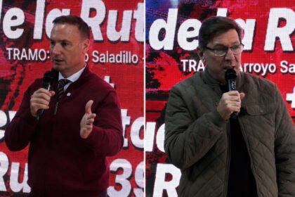 El ministro de Obras Públicas de Santa Fe, Lisandro Enrico, y el senador provincial Rodrigo Borla durante el acto de apertura de sobres para la licitación de la repavimentación de la Ruta Provincial 39 y la construcción de la rotonda de acceso sur a Gobernador Crespo. Foto: archivo.