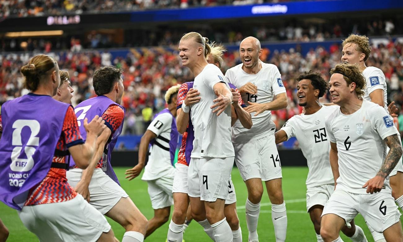 Erling Haaland celebra un gol con la selección de Noruega durante un partido del Mundial 2026.