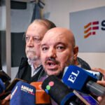 Foto de archivo: dirigentes de Amsafe y Sadop durante una conferencia de prensa ante los medios.