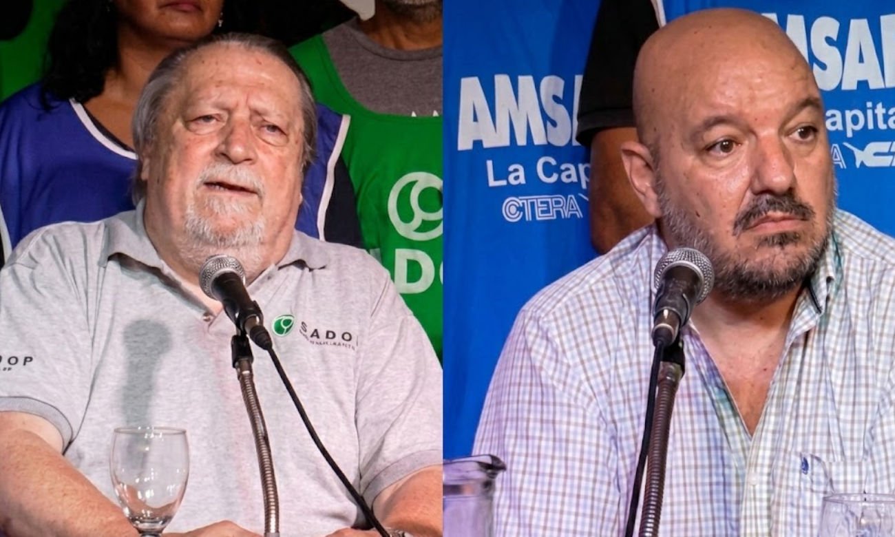 Pedro Bayúgar, referente de Sadop Santa Fe, y Rodrigo Alonso, secretario general de Amsafé, durante una instancia de diálogo gremial. Foto de archivo.