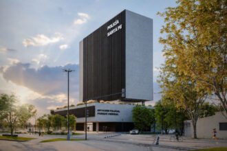 Render ilustrativo de la futura Estación Policial Santa Fe Centro, que será construida en el Parque Federal de la ciudad capital. El proyecto contempla una moderna infraestructura para tareas operativas, administrativas y atención ciudadana.