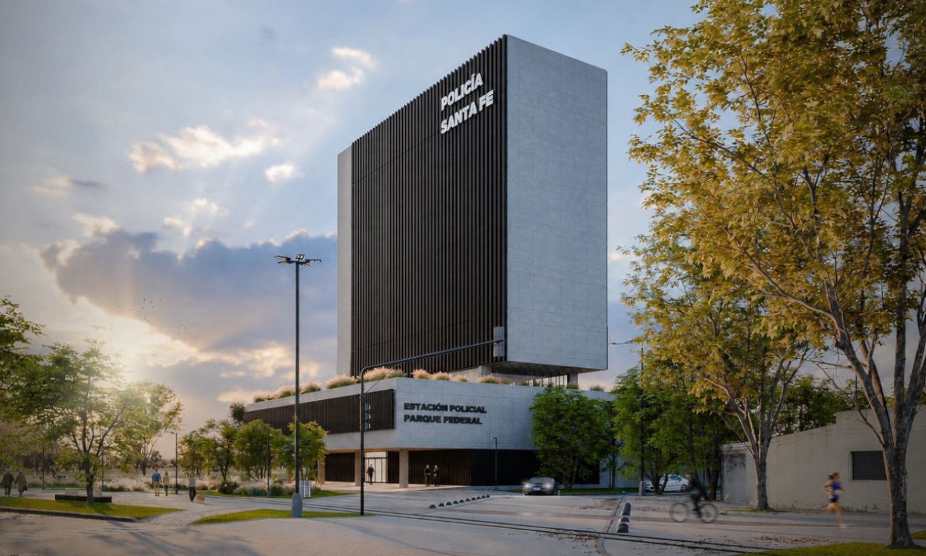 Render ilustrativo de la futura Estación Policial Santa Fe Centro, que será construida en el Parque Federal de la ciudad capital. El proyecto contempla una moderna infraestructura para tareas operativas, administrativas y atención ciudadana.