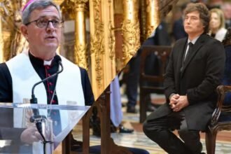 Jorge García Cuerva y Javier Milei, protagonistas de la ceremonia del Tedeum en la Catedral Metropolitana de Buenos Aires.