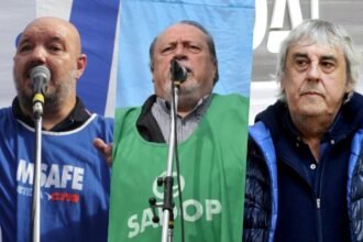 Rodrigo Alonso (Amsafé), Pedro Bayúgar (Sadop Santa Fe) y Sergio Romero (UDA), referentes gremiales docentes, en una imagen compuesta con fotografías de archivo.