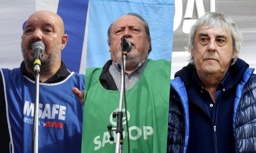 Rodrigo Alonso (Amsafé), Pedro Bayúgar (Sadop Santa Fe) y Sergio Romero (UDA), referentes gremiales docentes, en una imagen compuesta con fotografías de archivo.