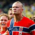 Erling Haaland celebra uno de sus goles con la camiseta de Noruega durante un partido oficial. Foto de archivo.