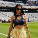 María Becerra durante un ensayo previo a su presentación del Himno Nacional Argentino en la final del Mundial 2026 entre Argentina y España, en el MetLife Stadium. (Foto: archivo).