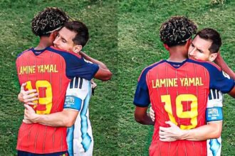 Lionel Messi y Lamine Yamal se saludan en un gesto de respeto entre dos figuras del fútbol mundial. Foto: archivo