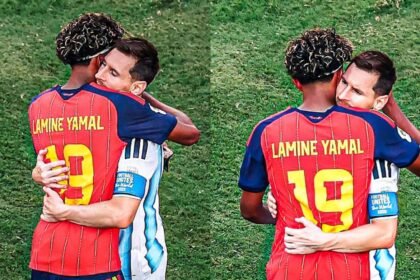 Lionel Messi y Lamine Yamal se saludan en un gesto de respeto entre dos figuras del fútbol mundial. Foto: archivo