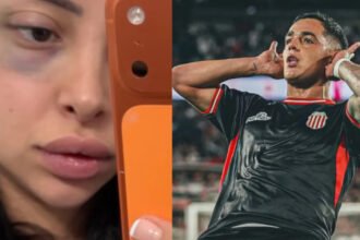 Karen Dinna mostró imágenes de las lesiones que denunció haber sufrido. La composición incluye una fotografía de Gonzalo Morales, ex atacante de Unión y actual jugador de Barracas Central.