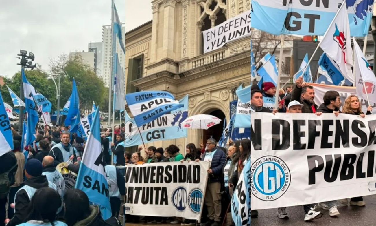 Docentes, no docentes, estudiantes y gremios participaron de un abrazo simbólico frente al Rectorado de la UNL.