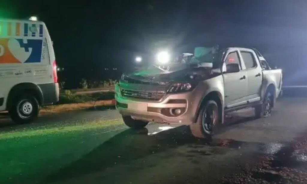 La camioneta Chevrolet quedó dañada tras el impacto contra un camión en la Autovía 19, cerca del acceso a Josefina. Foto: gentileza.