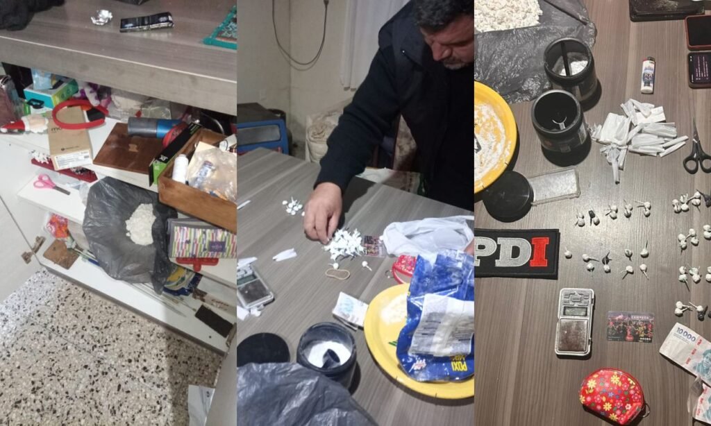 Elementos secuestrados durante los allanamientos realizados en San Jerónimo Norte, entre ellos cocaína, marihuana, dinero en efectivo, teléfonos celulares y balanzas de precisión.
